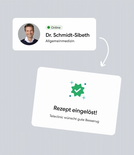 Profil von Dr. Schmidt-Sibeth mit Hinweis 'Rezept eingelöst! TeleClinic wünscht gute Besserung'.
