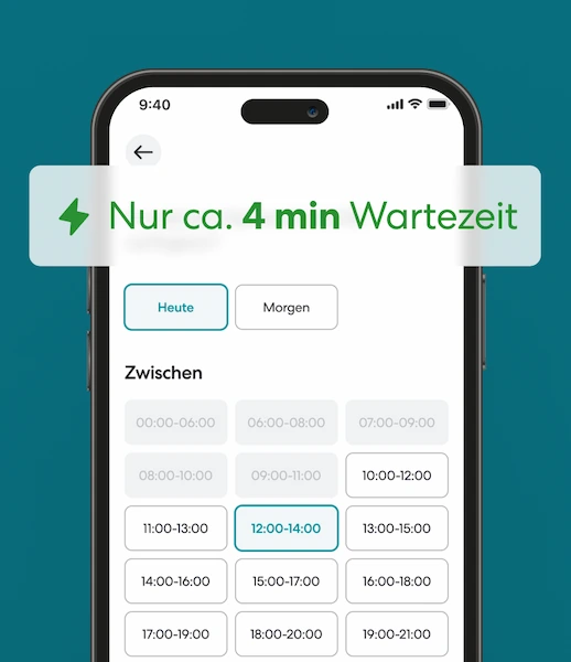 Smartphone zeigt TeleClinic Terminzeit-Auswahl mit Hinweis 'Nur ca. 4 min Wartezeit'.