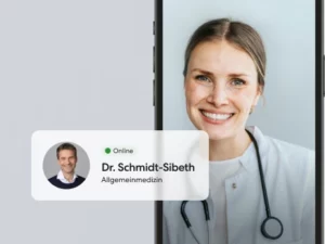 Smartphone zeigt Videogespräch mit Ärztin und Profil von Dr. Schmidt-Sibeth.