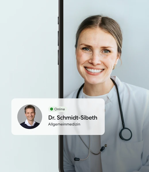 Smartphone zeigt Videogespräch mit Ärztin und Profil von Dr. Schmidt-Sibeth.