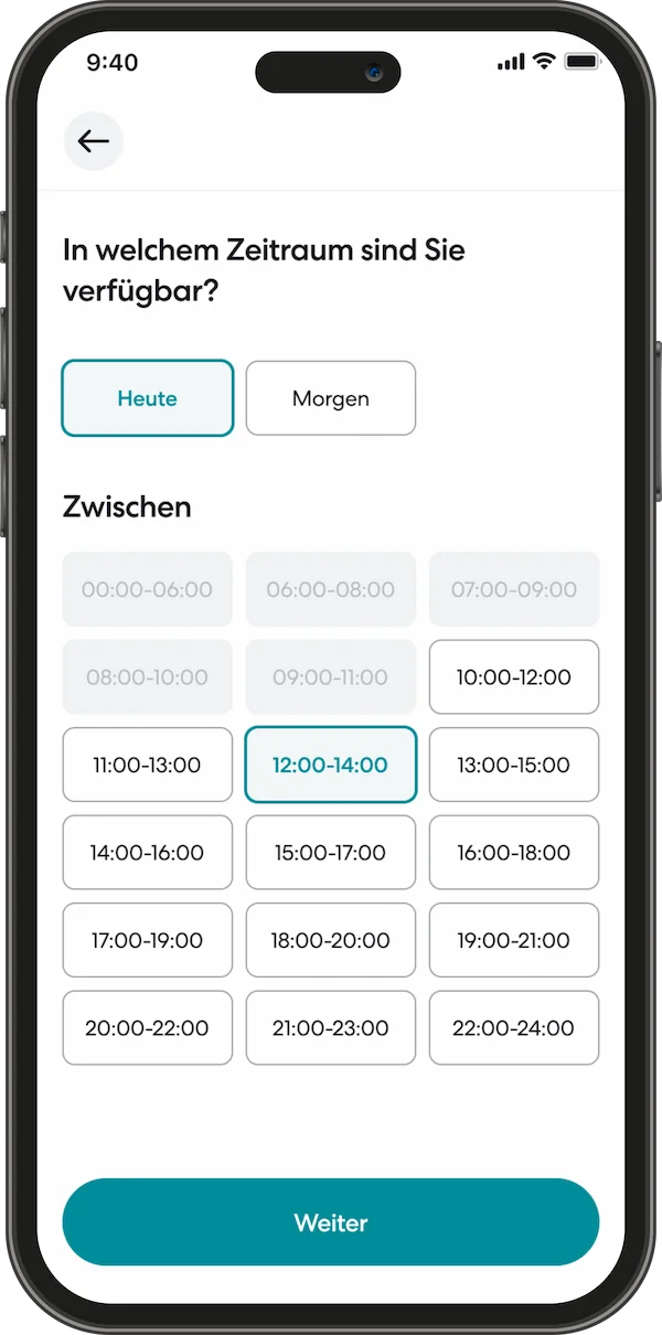 Smartphone zeigt Zeitfenster-Auswahl in der TeleClinic-App für Terminbuchung.