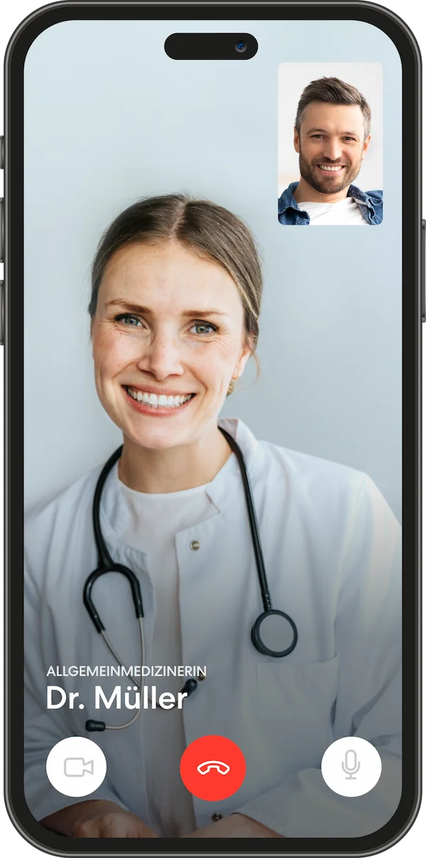 Smartphone zeigt Videogespräch mit Ärztin Dr. Müller, symbolisiert digitale Sprechstunde.